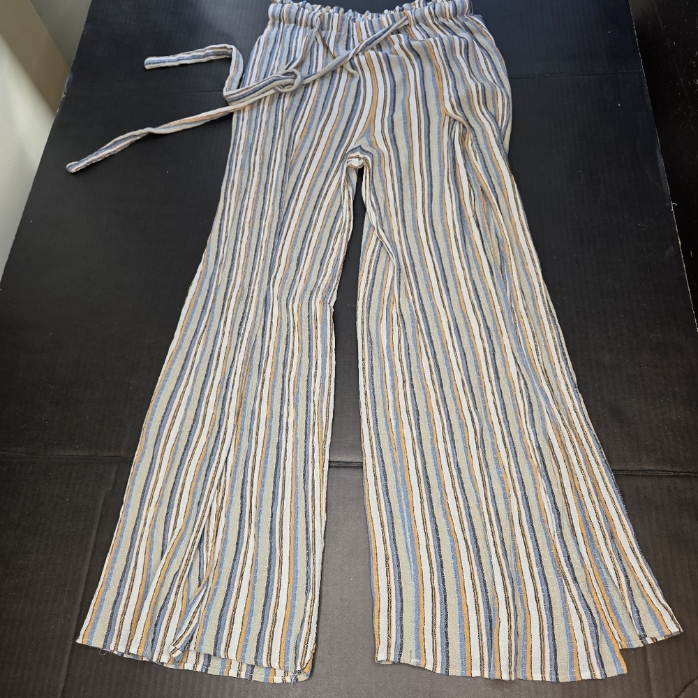 Angie Wide Leg Striped Pants in Blue, Tan & White